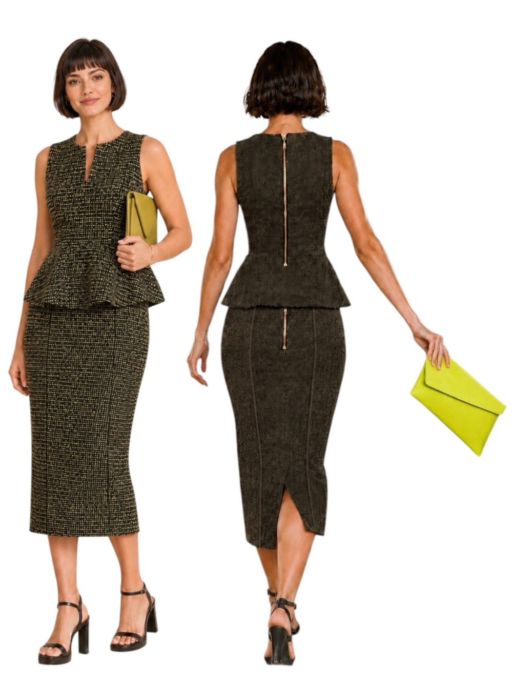Textured Peplum Top & Midi Pencil Skirt Suit | Black + Chartreuse | Women’s Med